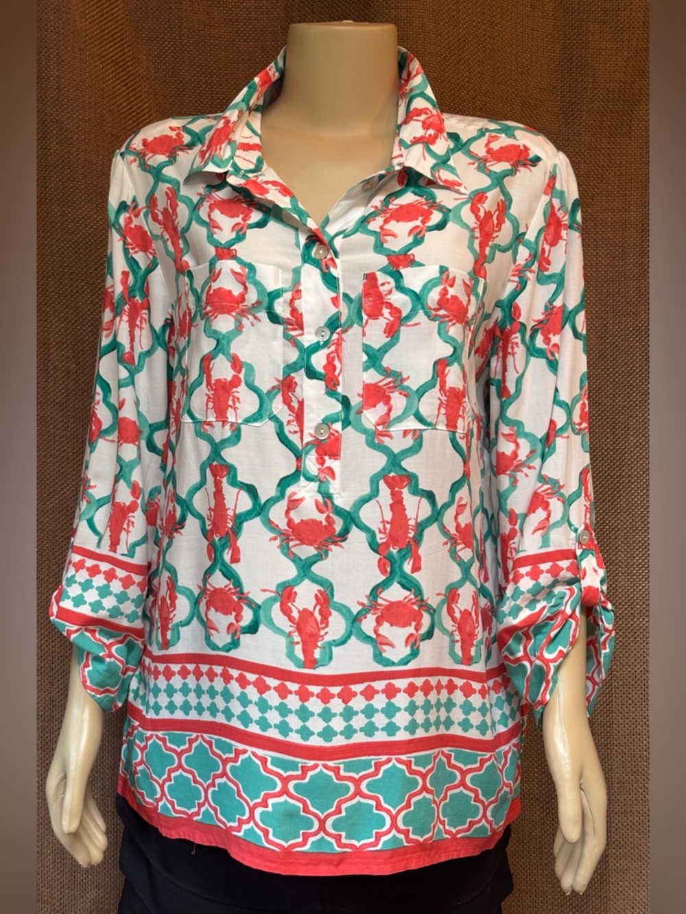Ruby Rd. Coral & Teal Printed Button-Front Tunic